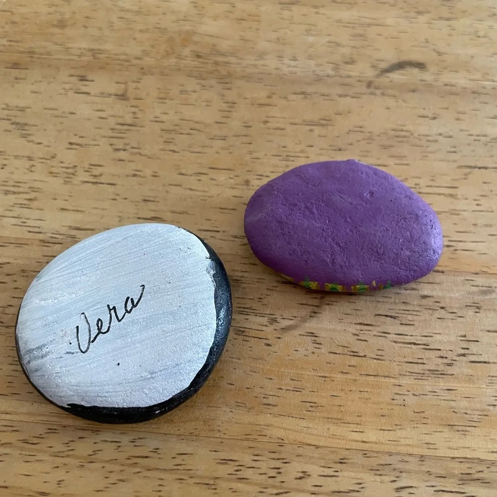 Hand crafted painted fish rocks set of 2 blue purple black yellow dots 2x2 inch